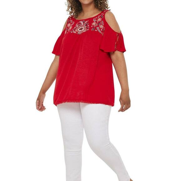 Fourteenth Place Womens Cold Shoulder Embroidery Blouse Red Plus Size 2X NWT - Picture 1 of 8